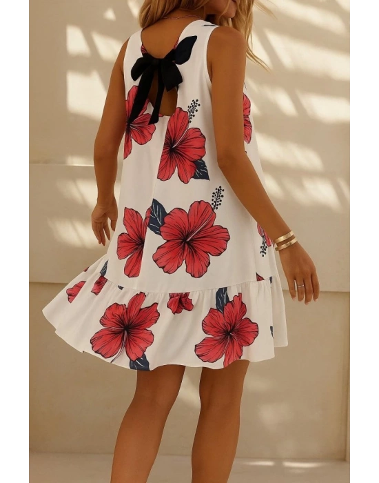 Kadın Sıfır Kol Sırttan Bağlamalı Fırfırlı çiçek Desenli Süprem Elbise