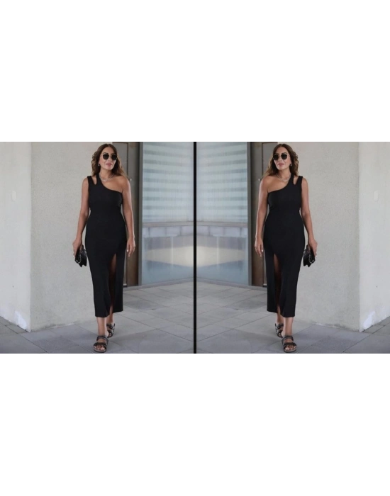 Kadın Sıfır Kol Tek Omuz Damla Detay JanJan Krep Elbise