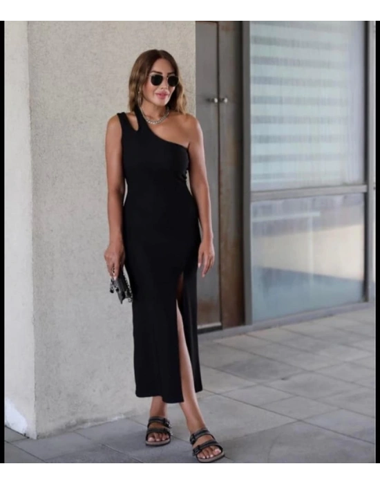 Kadın Sıfır Kol Tek Omuz Damla Detay JanJan Krep Elbise