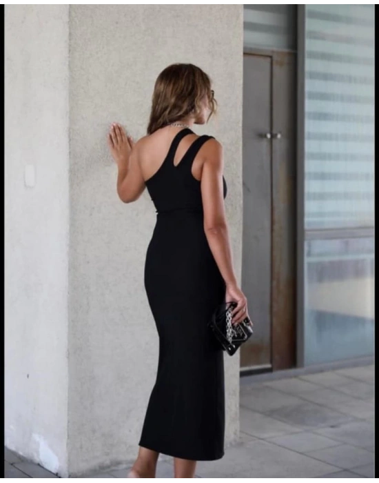 Kadın Sıfır Kol Tek Omuz Damla Detay JanJan Krep Elbise