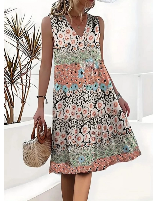 Kadın Sıfır Kol V Yaka çiçek Desenli Süprem Elbise