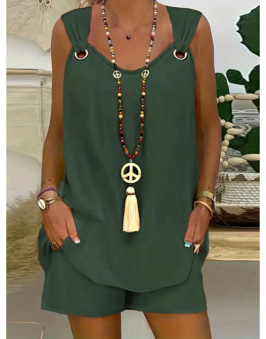 Kadın Sıfır Kol V Yaka Kuş Gözü Detay Bluz Short Aerobin Ikili Takım