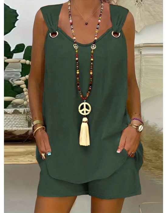 Kadın Sıfır Kol V Yaka Kuş Gözü Detay Bluz Short Aerobin Ikili Takım