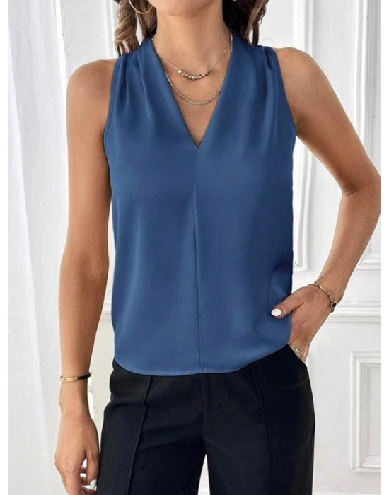 Kadın Sıfır Kol V Yaka Viskon Kumaş Bluz