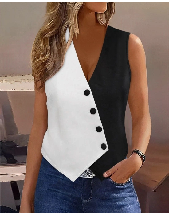 Kadın Sıfır Kol V Yakalı Düğmeli Blok Renkli Atlas Yelek