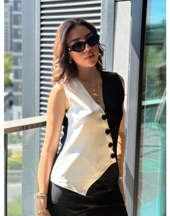 Kadın Sıfır Kol V Yakalı Düğmeli Blok Renkli Atlas Yelek