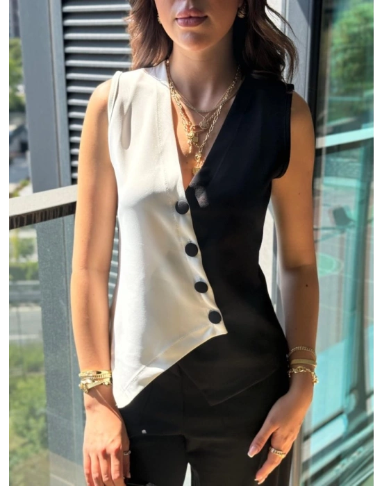 Kadın Sıfır Kol V Yakalı Düğmeli Blok Renkli Atlas Yelek