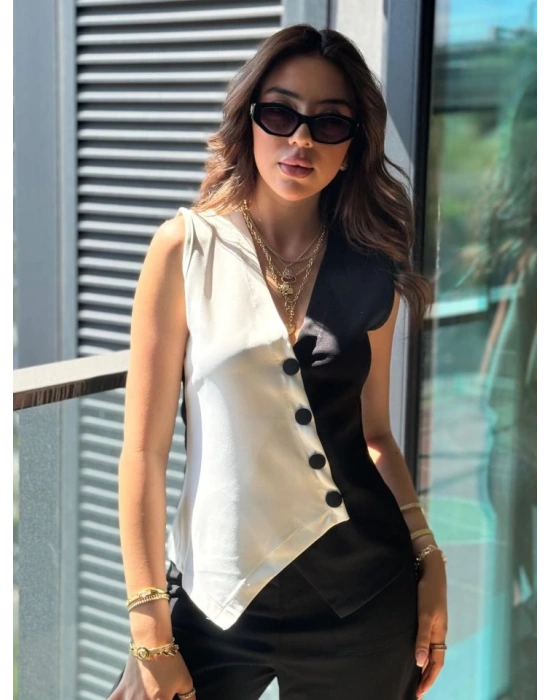 Kadın Sıfır Kol V Yakalı Düğmeli Blok Renkli Atlas Yelek