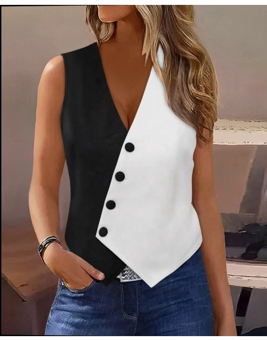 Kadın Sıfır Kol V Yakalı Düğmeli Blok Renkli Atlas Yelek