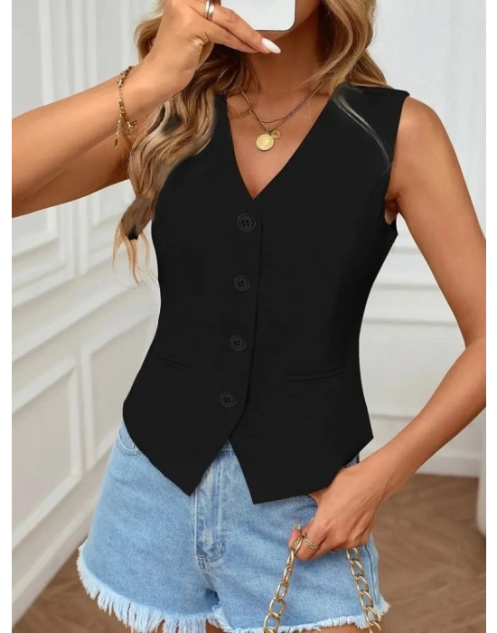 Kadın Sıfır Kol V Yakalı önden Düğmeli Atlas Yelek