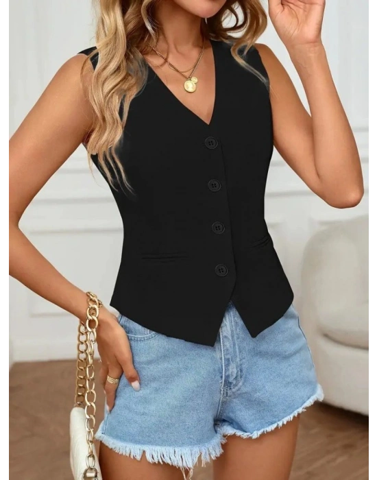 Kadın Sıfır Kol V Yakalı önden Düğmeli Atlas Yelek