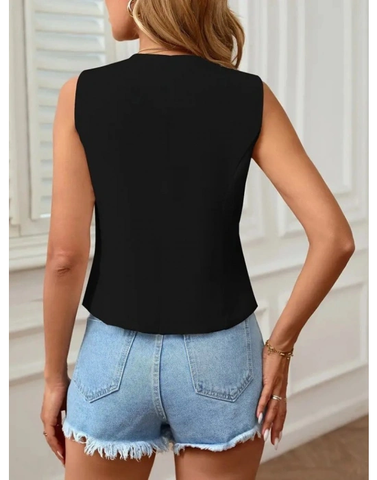 Kadın Sıfır Kol V Yakalı önden Düğmeli Atlas Yelek