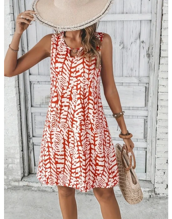 Kadın Sıfır Kol Yakadan Halka Detaylı Desenli Kısa Bürümcük Elbise