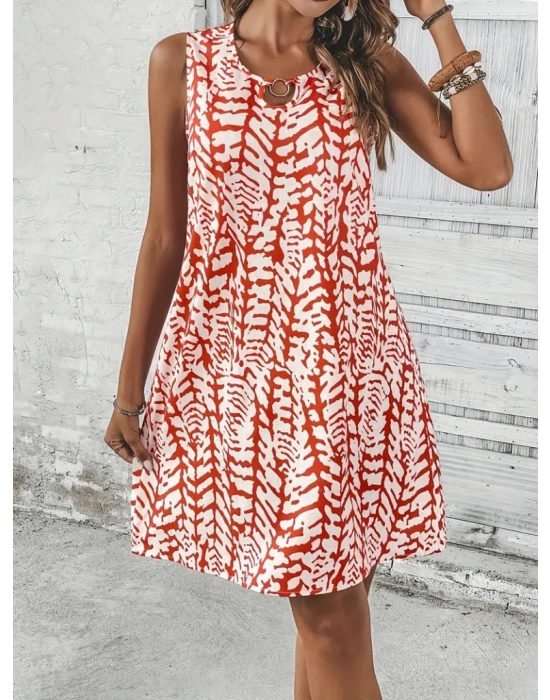 Kadın Sıfır Kol Yakadan Halka Detaylı Desenli Kısa Bürümcük Elbise