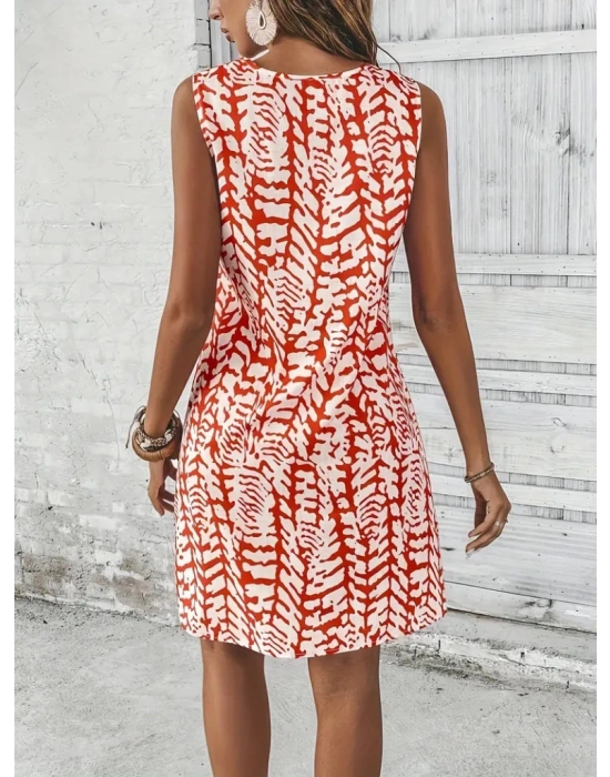 Kadın Sıfır Kol Yakadan Halka Detaylı Desenli Kısa Bürümcük Elbise