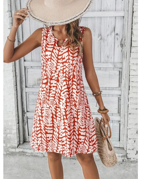 Kadın Sıfır Kol Yakadan Halka Detaylı Desenli Kısa Bürümcük Elbise