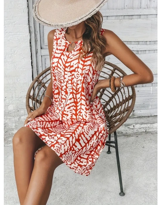 Kadın Sıfır Kol Yakadan Halka Detaylı Desenli Kısa Bürümcük Elbise