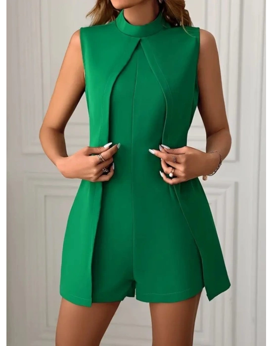 Kadın Sıfır Kol Yarı Balıkçı Yaka önden çapraz Detaylı Ithal Krep Tulum