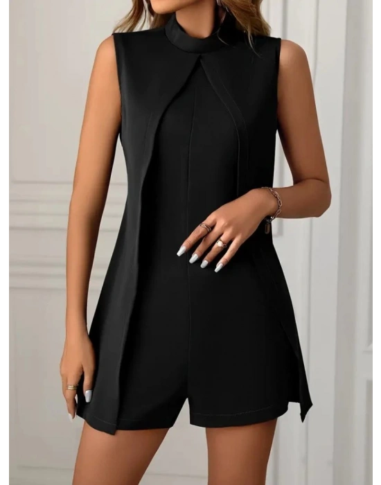 Kadın Sıfır Kol Yarı Balıkçı Yaka önden çapraz Detaylı Ithal Krep Tulum