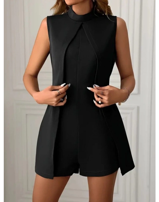 Kadın Sıfır Kol Yarı Balıkçı Yaka önden çapraz Detaylı Ithal Krep Tulum