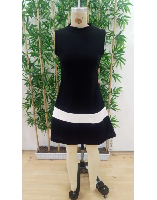 Kadın Sıfır Kol Yarı Balıkçı Yaka şerit Detaylı Ithal Krep Elbise