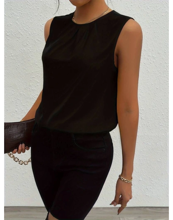 Kadın Sıfır Kol Yuvarlak Büzgü Yaka Sandy Bluz