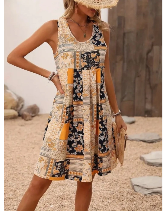 Kadın Sıfır Kol Yuvarlak Yaka çiçek Desenli Süprem Elbise