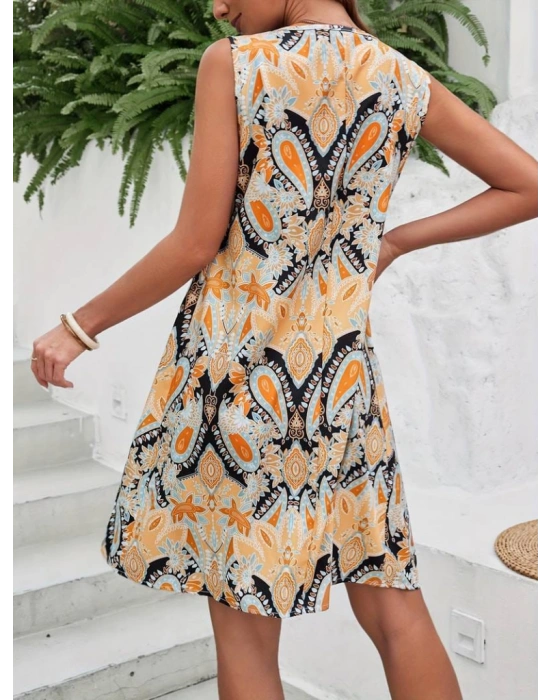 Kadın Sıfır Kol Yuvarlak Yaka çiçek Desenli Süprem Elbise