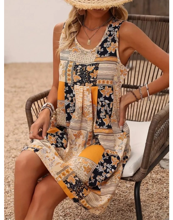 Kadın Sıfır Kol Yuvarlak Yaka çiçek Desenli Süprem Elbise