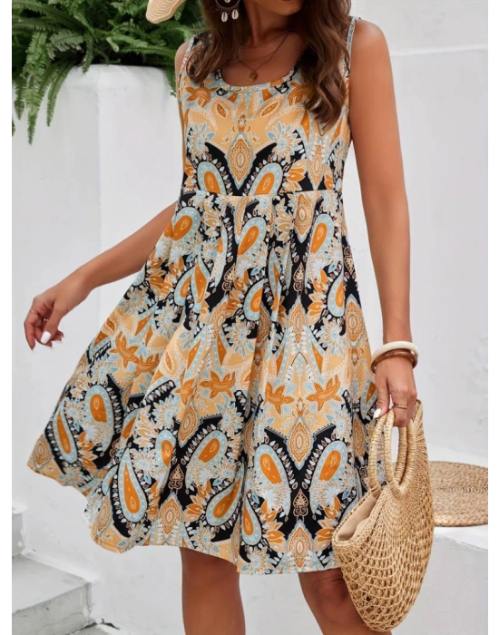 Kadın Sıfır Kol Yuvarlak Yaka çiçek Desenli Süprem Elbise