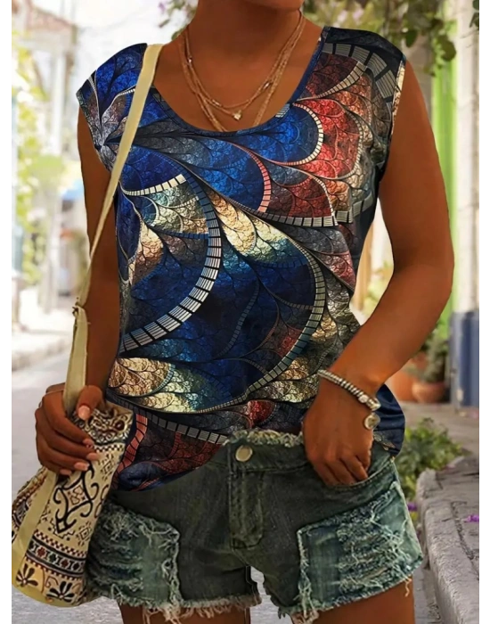 Kadın Sıfır Kol Yuvarlak Yaka Karışık Renkli Baskılı Süprem Bluz