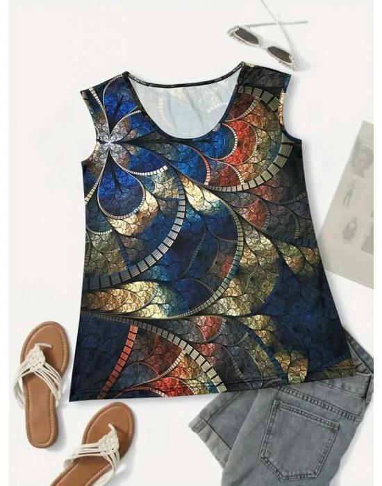 Kadın Sıfır Kol Yuvarlak Yaka Karışık Renkli Baskılı Süprem Bluz