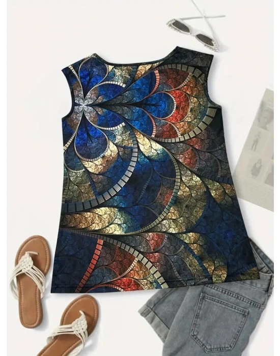 Kadın Sıfır Kol Yuvarlak Yaka Karışık Renkli Baskılı Süprem Bluz