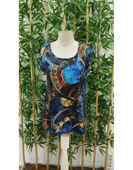 Kadın Sıfır Kol Yuvarlak Yaka Karışık Renkli Baskılı Süprem Bluz