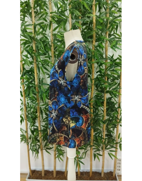 Kadın Sıfır Kol Yuvarlak Yaka Karışık Renkli Baskılı Süprem Bluz