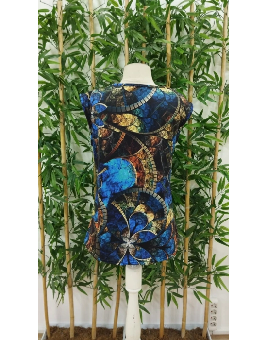 Kadın Sıfır Kol Yuvarlak Yaka Karışık Renkli Baskılı Süprem Bluz