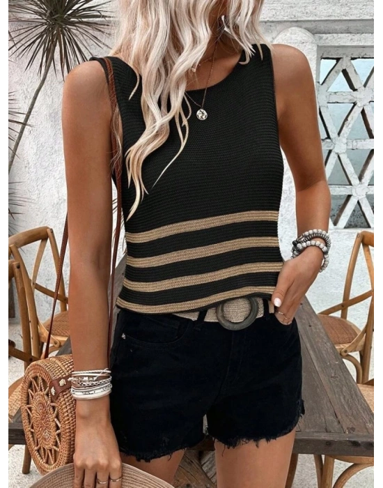 Kadın Sıfır Kol Yuvarlak Yaka şerit Detay Triko Bluz