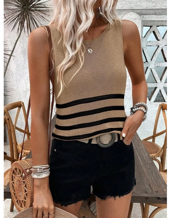 Kadın Sıfır Kol Yuvarlak Yaka şerit Detay Triko Bluz