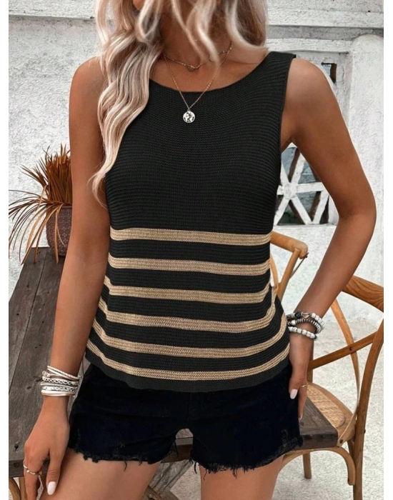 Kadın Sıfır Kol Yuvarlak Yaka şerit Detay Triko Bluz