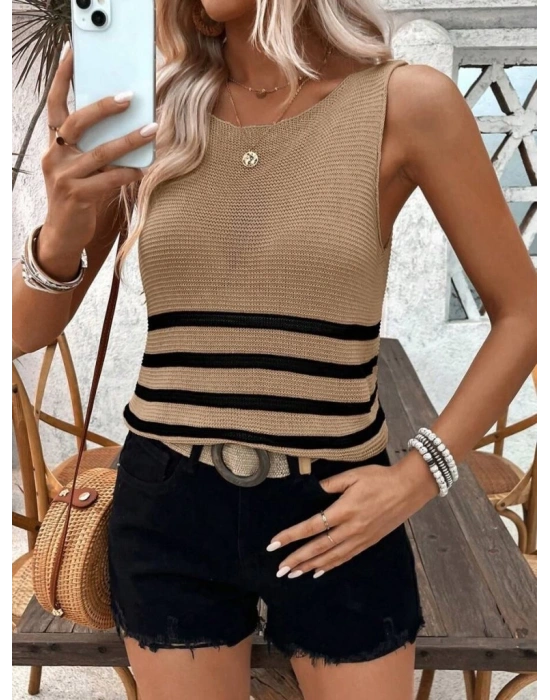 Kadın Sıfır Kol Yuvarlak Yaka şerit Detay Triko Bluz