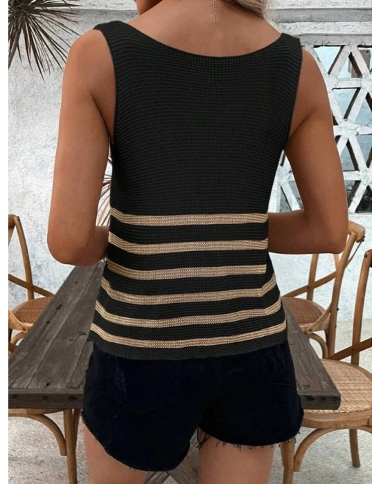 Kadın Sıfır Kol Yuvarlak Yaka şerit Detay Triko Bluz