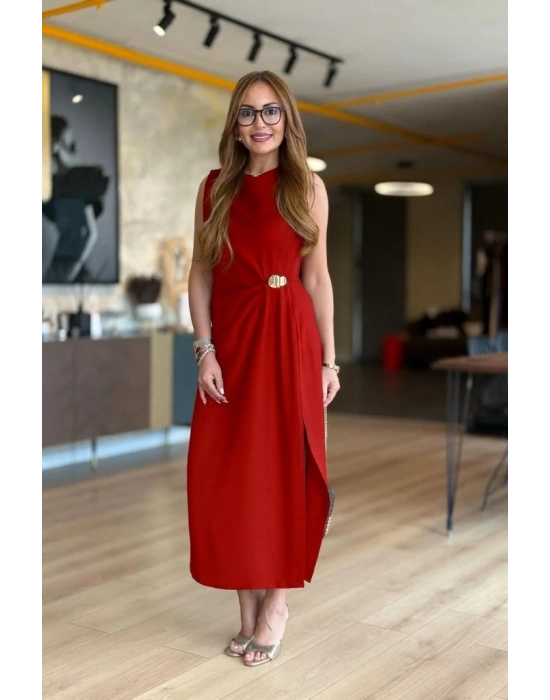 Kadın Sıfır Kollu Bisiklet Yaka Belden Büzgülü Yırtmaç Detaylı Janjan Krep Elbise