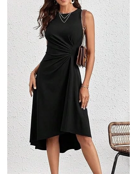 Kadın Sıfır Kollu Bisiklet Yaka Büzgülü Asimetrik Kesim Detaylı Janjan Krep Elbise