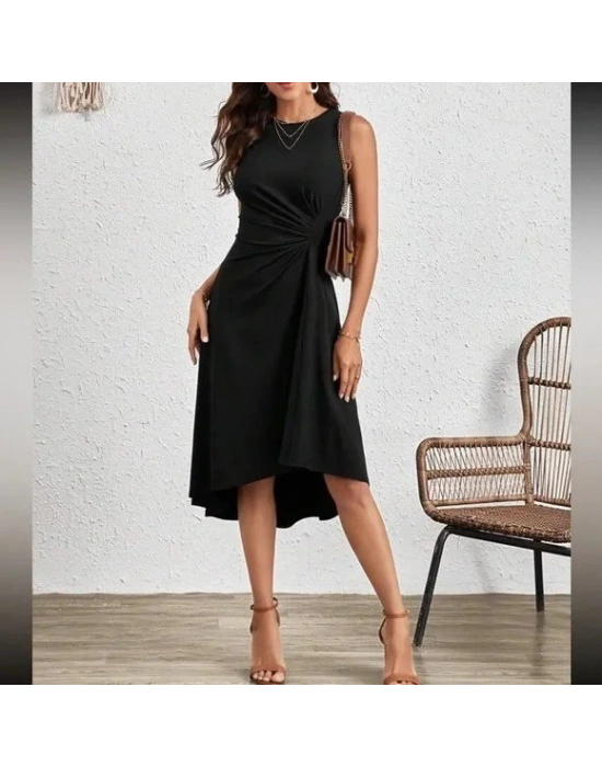 Kadın Sıfır Kollu Bisiklet Yaka Büzgülü Asimetrik Kesim Detaylı Janjan Krep Elbise