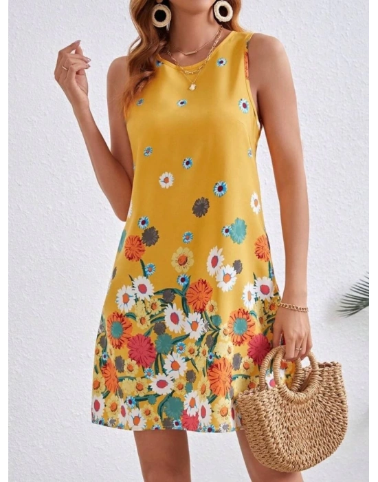 Kadın Sıfır Kollu Bisiklet Yaka çiçek Desenli Süprem Mini Elbise