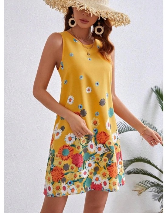 Kadın Sıfır Kollu Bisiklet Yaka çiçek Desenli Süprem Mini Elbise