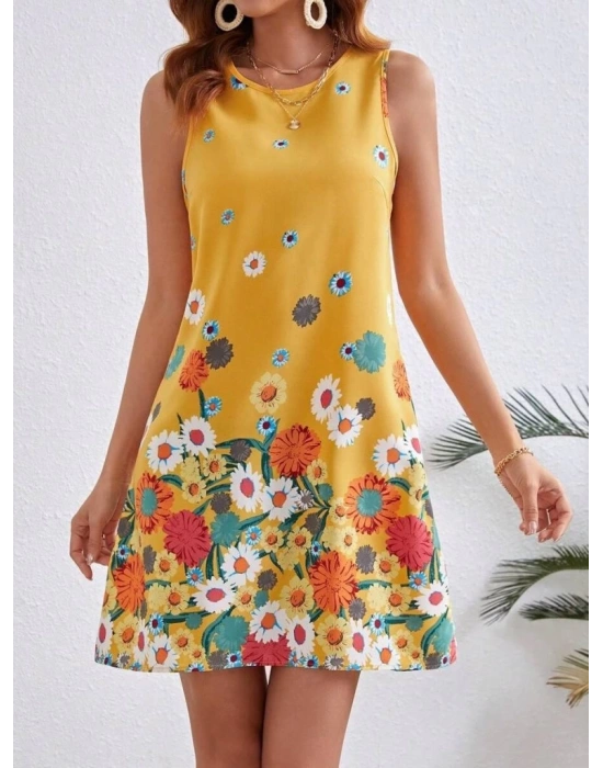 Kadın Sıfır Kollu Bisiklet Yaka çiçek Desenli Süprem Mini Elbise
