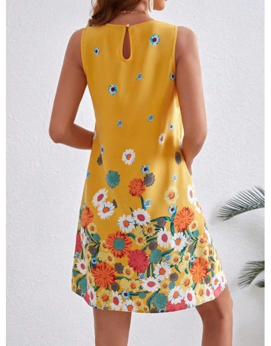 Kadın Sıfır Kollu Bisiklet Yaka çiçek Desenli Süprem Mini Elbise