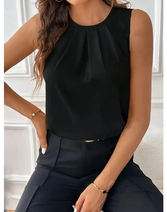 Kadın Sıfır Kollu Bisiklet Yaka önden Pileli Ithal Krep Bluz