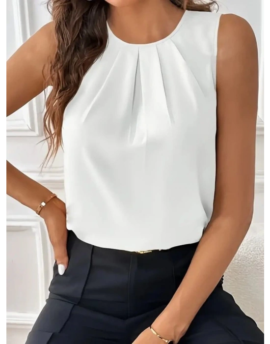 Kadın Sıfır Kollu Bisiklet Yaka önden Pileli Ithal Krep Bluz